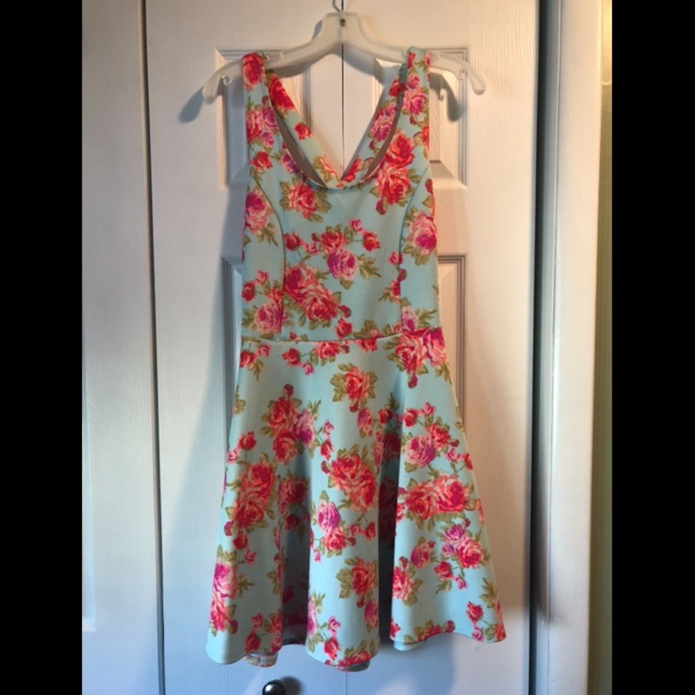 🛍Aqua Floral Dress with Bow-back